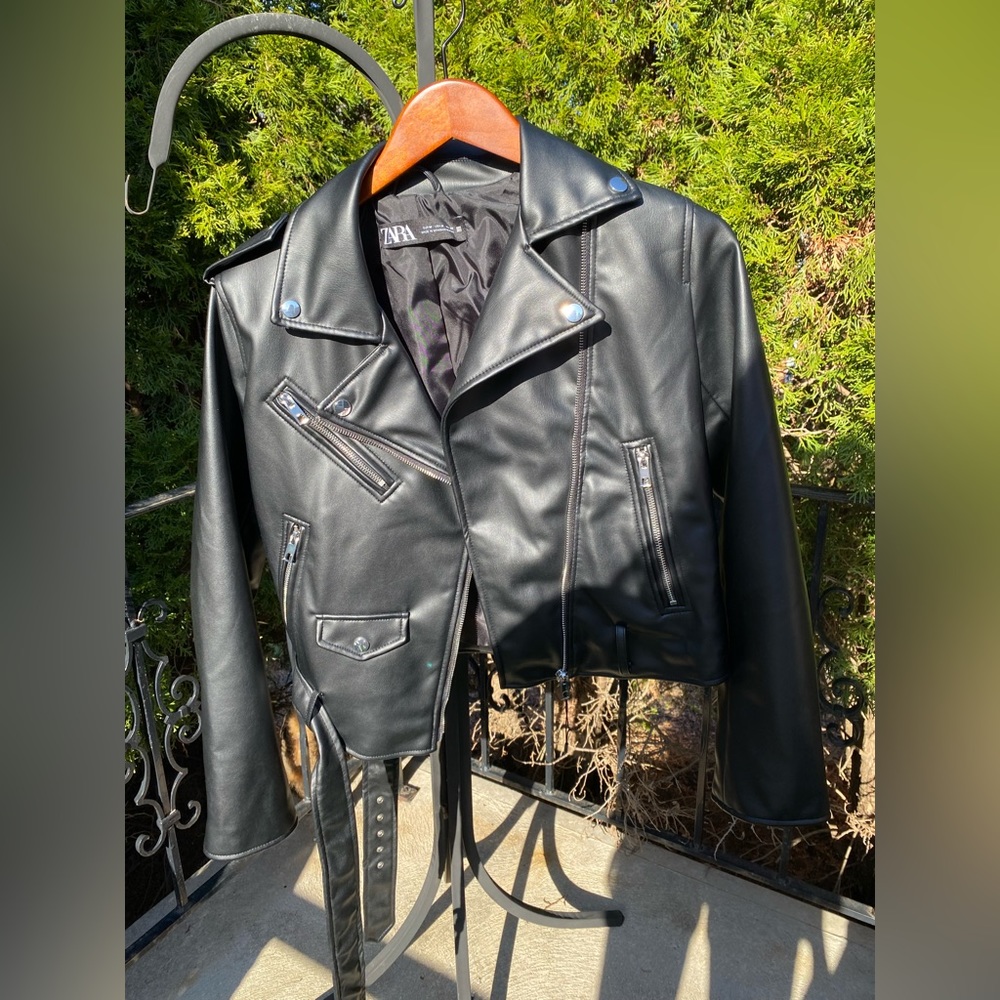Black Zara zip leather jacket with zip sleeves